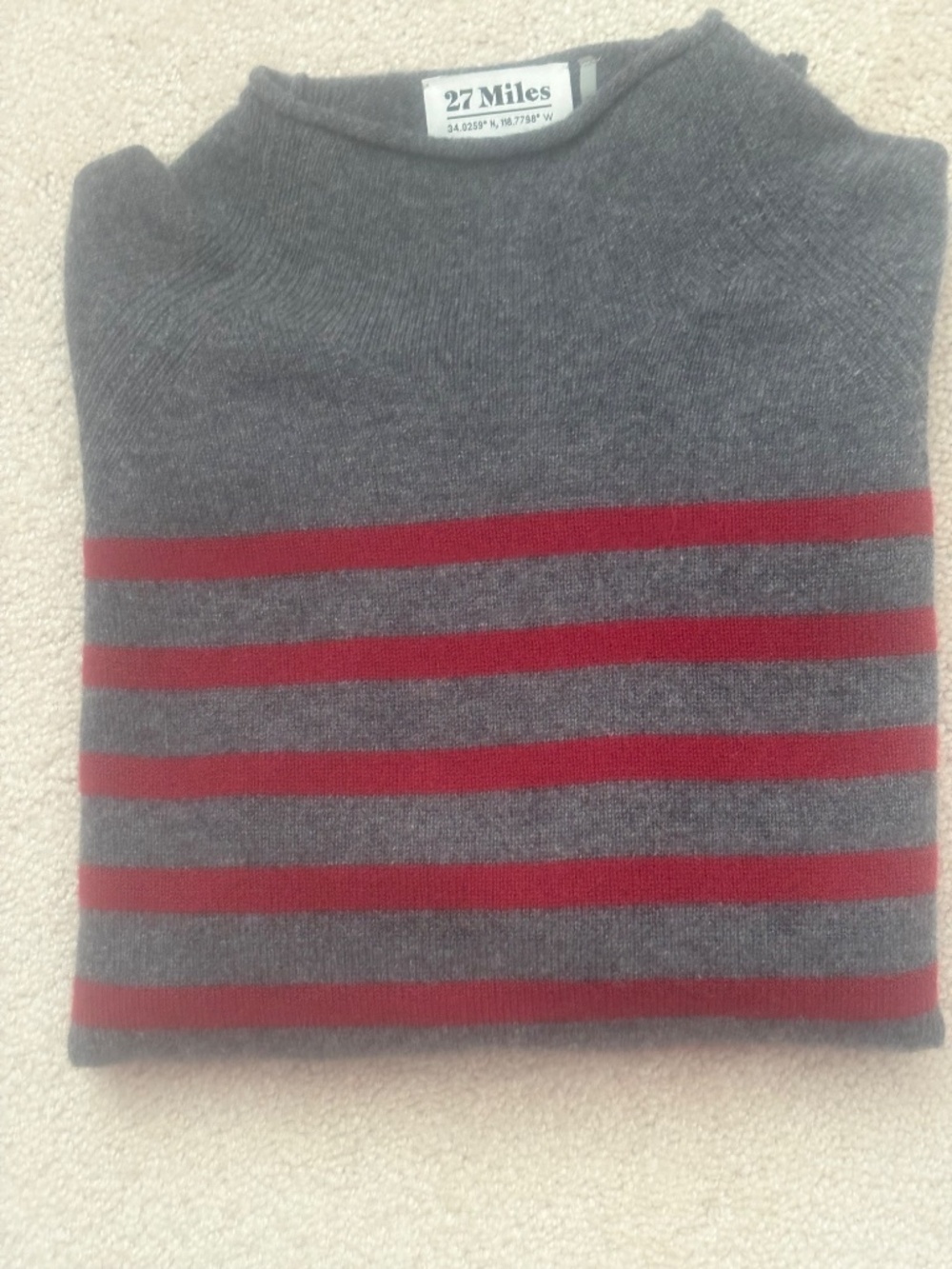 27 Miles Malibu 100% cashmere heather grey wine stripes mock neck sweater, XS